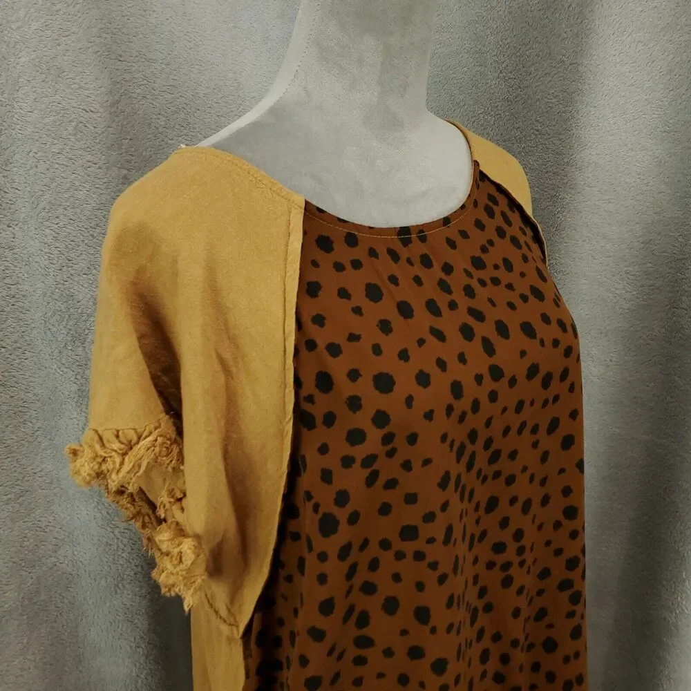 Umgee Blouse Womens Large Brown Linen Blend Raw Hem Cheetah Leopard Animal Print - Picture 8 of 10